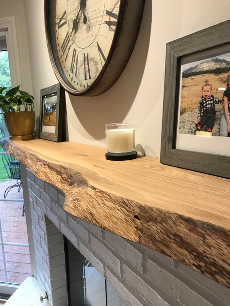 Live edge fireplace mantel Living Edge Fireplace Mantel, Raw Edge Mantle Living Rooms, Raw Edge Fireplace Mantle, Live Edge Shelf Living Room, Wall Mantel Shelf, Live Edge Mantle With Shiplap, Live Edge Fireplace Mantels, Live Edge Fireplace Mantel Oak, Live Wood Mantle