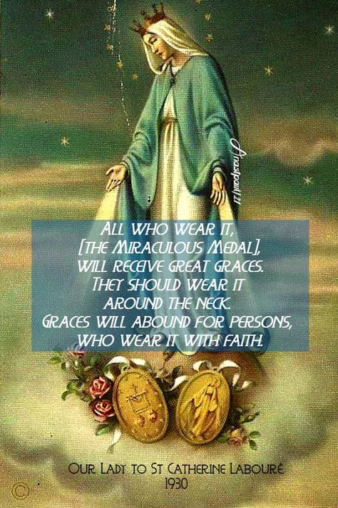 “All who wear it [the Miraculous Medal],will receive great graces.They should wear it around the neck.Graces will abound for persons,who wear it with faith.”Our Lady of the Miraculous Medal to St Catherine Labouré.1930 St Catherine Laboure, Miraculous Medal Prayer, Mother Mary Quotes, Our Lady Of Good Help, Perpetual Help Our Lady Of, Saying The Rosary, Our Lady Of Immaculate Conception, Saint Philomena, Our Lady Of Manaoag