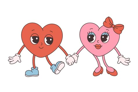 Trendy retro cartoon heart characters. Groovy style, vintage, 70s 60s aesthetics. Happy Valentines day. Heart Cartoon Drawing, Valentines Day Design Graphic, Happy Couple Illustration, Valentines Day Pfp, Cartoon Hearts, Heart Character, Heart Retro, Happy Heart Day, Heart Cartoon