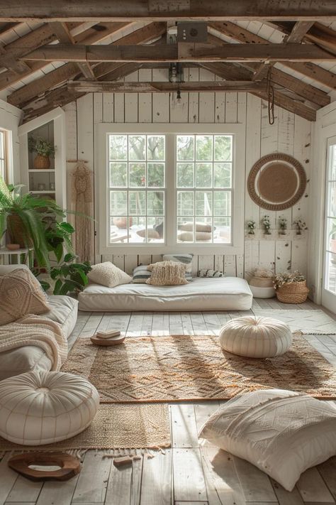 Cabin Shed Interior, Boho She Shed Interior, She Shed Ideas Interior Small Spaces, Sheshed Ideas Interior, She Shed With Loft, She Shed Library, Cottage Ideas Interior, Summer House Interior Ideas, Cozy She Shed