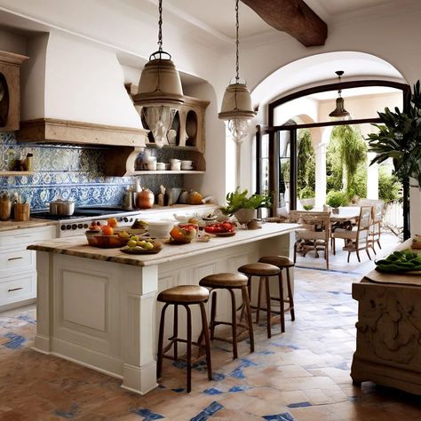 Middle Eastern Kitchen Design, South American Kitchen Design, Kitchen Interior Spanish, Mediterranean Apartment Aesthetic, Italian Summer Kitchen, Kitchen Ideas Italian Style, Mediterranean Scandinavian Interior, Italian Interior Design Kitchen, French Mediterranean Kitchen