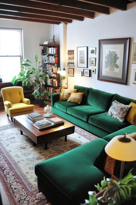 Transform your space with vibrant living room decor! This setup features a rich green sofa paired with a bright yellow chair, perfect for adding a pop of color. Embrace cozy textures and eclectic artwork to create a warm, inviting atmosphere. #LivingRoomDecor #HomeStyle #InteriorDesign Green Sofa Yellow Chair, Green Couch Living Room Apartment, Living Room With Emerald Green Couch, Bright Green Couch, Emerald Green And Yellow Living Room, Warm Maximalist Decor, Teal Couch Living Room Decor, Teal Green Sofa, Green Velvet Couch Living Room Ideas