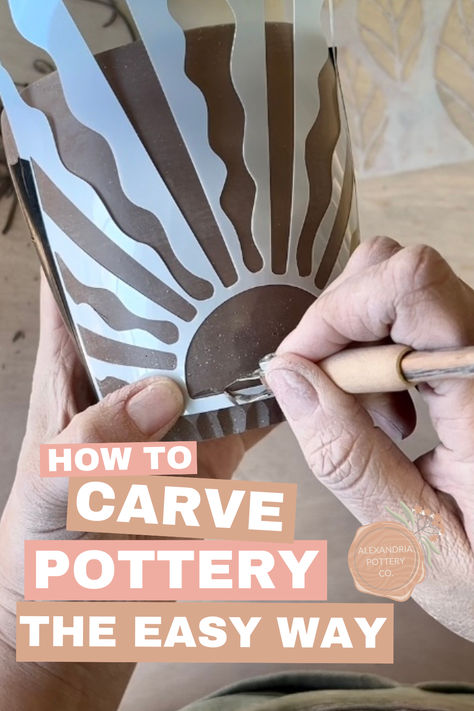 Carving clay made easy! Fun tutorial for hand-carving pottery. Learn how to make pottery projects step by step. Easy Ceramics! Mugs, Vases and more... Pottery Gift For Him, Pottery Carved Designs, Ceramic Ideas For Beginners, Carved Flowers Pottery, Scrafitto Ceramics Ideas, Glazing Carved Pottery, How To Carve Pottery, Carving On Pottery, Clay Plant Pot Ideas