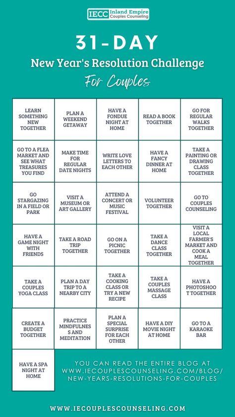 You might be thinking about new year’s resolutions like millions of other people. Maybe you’re considering joining a gym, starting a business, or starting just one habit. Have you considered setting some new year’s resolutions with your partner with the goal of becoming closer as a couple? www.IEcouplescounseling.com/blog/new-years-resolutions-for-couples Relationship Resolutions, Vision Board Categories, Love Letters To Your Boyfriend, New Years Resolution List, Resolution List, Couple Activities, Couples Counseling, Healthy Relationship Tips, New Year Goals