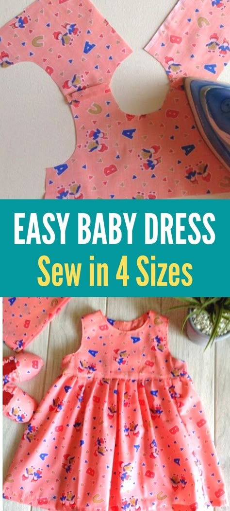 Use this free sewing pattern to sew classic style dresses for your baby or toddler. This DIY tutorial comes with free templates for four sizes to make sewing easy for any beginner seamstress. This easy sewing project will help you whip up baby dresses that can be customized according to your preference. Girl Dress Sewing Pattern, Baby Dress Diy, Baby Clothes Patterns Sewing, Sewing For Babies, Baby Dress Pattern, Sewing Baby Clothes, Sew Baby, Girls Dress Sewing Patterns, Sewing For Baby