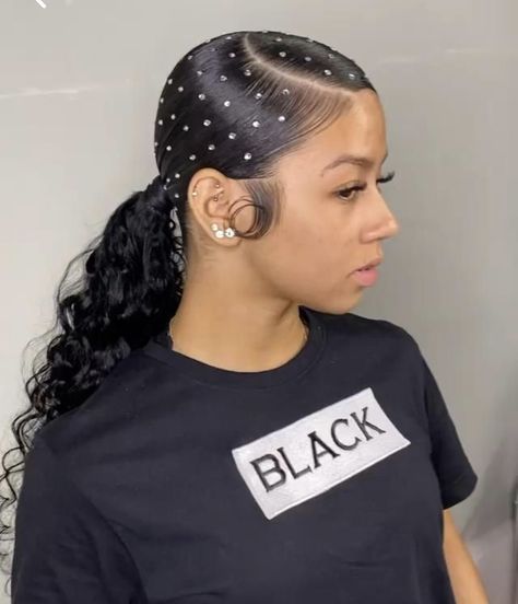 Prom Hairstyles Blackgirl Slick Back, Slick Ponytail With Diamonds, Slick Back With Diamonds, Slick Ponytail Weave With Diamonds, Ponytail With Diamonds In Hair, Slick Back Ponytail With Gems, Barbie Ponytail With Rhinestones, Ponytail With Rhinestones Black Women, Bedazzled Ponytail