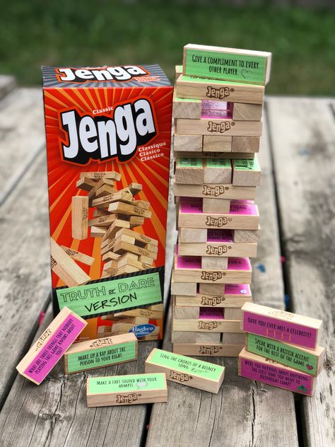 Jenga Gift Ideas, Birthday Jenga Game, Painted Jenga Blocks Game, Jenga Truth Or Dare Ideas, Jenga Dares, Couples Jenga, Jenga Truth Or Dare, Dare Jenga, Truth Or Dare Jenga