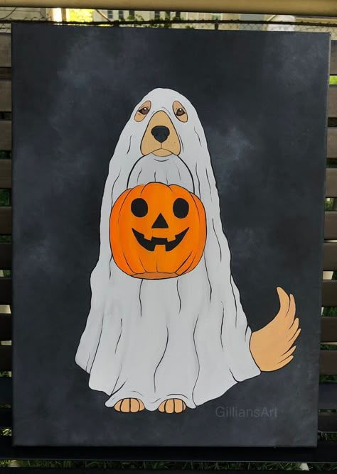 Halloween Canvas Paintings, Art Mini Toile, Halloween Canvas Art, Adorable Golden Retriever, Cute Easy Paintings, Fall Canvas Painting, Art Mignon, Simple Canvas Paintings, Cute Canvas Paintings