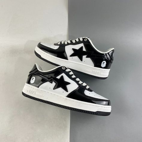 Bape Sta Low Black and White Patent Leather Black And White Bape Shoes, Bape Black And White, Bape Star, Bape Shoes, Bape Black, Bape Sta, Star Shoes, Black Sneakers, Black Shoes