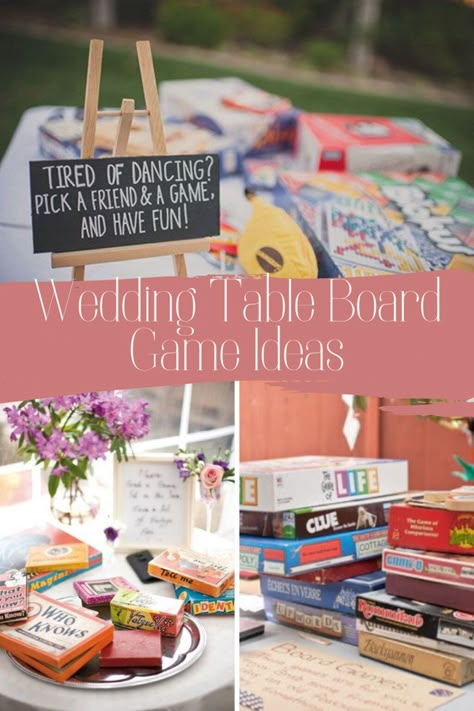 Board Game Reception Wedding Ideas, Board Games At A Wedding, Activities For Anniversary Party, Games Table Wedding, Board Game Table At Wedding, Game Table At Wedding Reception, Board Game Table Wedding, Board Game Table Centerpieces, Game Centerpieces Ideas