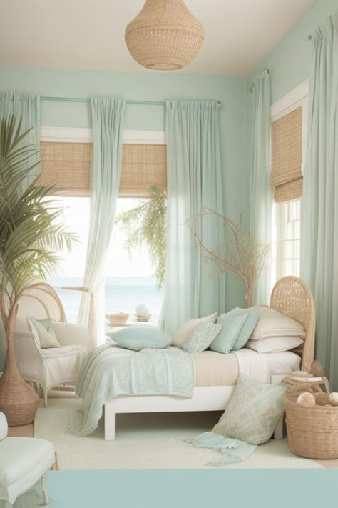 Pastel Blue And Green Aesthetic, Mint Blue Room, Green Coastal Bedroom, Pastel Color Bedroom, Seafoam Green Bedroom, Aqua Bedrooms, Mint Bedroom, Ocean Light, Pastel Bedroom