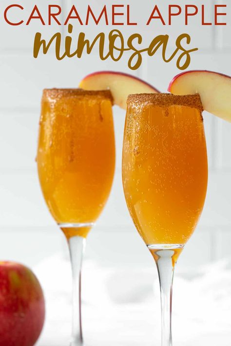 These sinfully delicious mimosas with a decadent caramel syrup and cinnamon sugar rim will be a hit at your next fall brunch! Pitcher Drinks Alcohol Fall, Breakfast Drinks With Alcohol Fall, Caramel Apple Mimosa Recipe, Fall Mimosas Recipe, Mimosa Recipe Fall, Fall Mimosa Ideas, Fall Happy Hour Ideas, Fall Acholic Beverages Easy, Fall Drinks Vodka