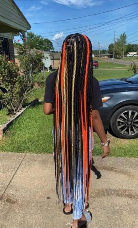 Back To School Hairstyles Braids With Color, Black Blue And Blonde Knotless Braids, Two Color Box Braids Half, Long Knotless Box Braids With Color, Color Box Braids For Black Women, Box Braids Orange, Braid Color Ideas, Orange Braids, Orange Blonde