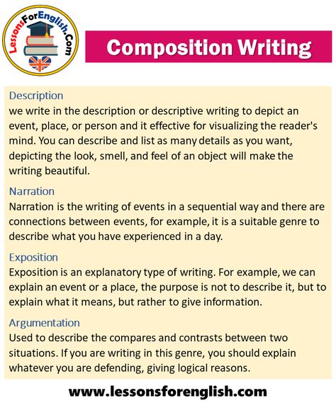 Types of Composition Writing and Examples Composition Writing Writing is not as easy as talking, there are certain rules for writing good compositions. Creating integrity of meaning and doing good research are some of these rules. Before starting the composition, it is determined which type will be written and information is collected accordingly so in our article you will learn about composition types and rules firstly. Types of Composition Writing Compositions are written in different ... Descriptive Writing Examples Student, How To Write A Composition, Teaching Composition Writing, Composition Writing English, English Composition College, Composition Types, Persuasive Writing Techniques, Writing Types, Argumentative Essay Outline