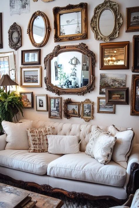 "Create depth and light with a stunning DIY Mirror Gallery Wall! 🖼️✨ #DIYHomeProjects #MirrorDecor #HomeInspiration" Old Fashioned Gallery Wall, Hanging A Mirror On A Wall Tips, Gallery Wall Mirrors And Pictures, Photo Wall Collage With Mirror, Ornate Gallery Wall, Gallery Wall Around Mirror, Vintage Mirror Gallery Wall, Wall Of Mirrors Ideas Living Room, Photo Wall With Mirror