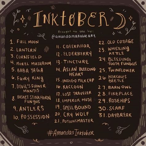 Drawing List, Inktober Prompts, Inktober Ideas, Draw Challenge, 30 Day Art Challenge, Spooky Vintage, 30 Day Drawing Challenge, Drawing Challenges, Prompt List