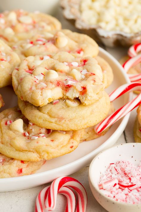 White Chocolate Peppermint Cookies are chewy, soft, and loaded with white chocolate chips, peppermint flavor, and candy cane pieces! These make the best Christmas cookies and will quickly become your new favorite! White Chocolate Macadamia Nut Peppermint Cookies, Candy Cane Crunch Cookies, White Choc Peppermint Cookies, Candy Cane Baked Goods, Candy Cane Crinkle Cookies, White Peppermint Cookies, White Chocolate Chip Candy Cane Cookies, White Chocolate And Peppermint Cookies, White Chocolate Peppermint Cake Cookies