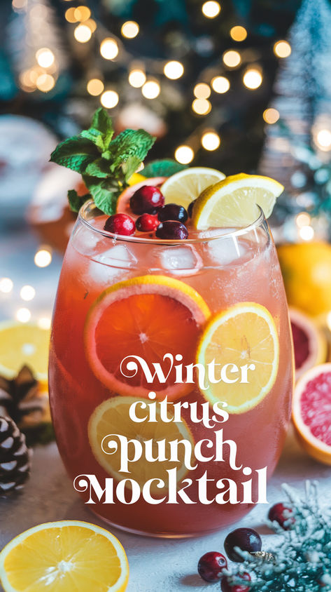 "Warm up your winter gatherings with this refreshing Winter Citrus Punch  Mocktail! This delightful holiday punch recipe is perfect for non-alcoholic  drinks, offering a burst of flavor with vibrant citrus fruit recipes. Ideal  for festive beverage ideas, this mocktail will be the star of your winter  party drinks. Cheers to a season of joy and deliciousness!" Hot Non Alcoholic Drinks, Non Alcoholic Night Cap, Pitcher Mock Tails, Simple Non Alcoholic Drinks, Non Alcoholic Frozen Drinks, Alcohol Free Punch Recipes, Non Alcoholic Winter Drinks, Winter Punch Recipes Non Alcoholic, Mocktail Punch Recipes