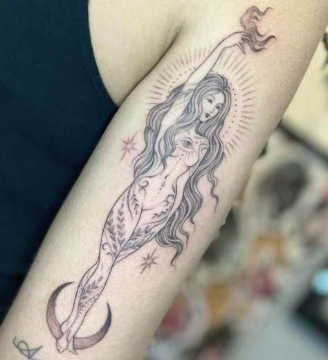 Cosmic Woman Tattoo, Goddess Of Fire Tattoo, Divine Feminine Goddess Tattoo, Fire Goddess Tattoo, Sorceress Tattoo, Virgo Woman Tattoo, Nyx Goddess Tattoo, Persephone Halloween Costume, Wild Woman Tattoo