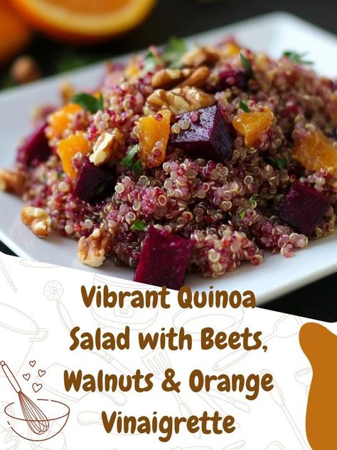 Yummy Food | Vibrant Quinoa Salad with Beets, Walnuts & Orange Vinaigrette 🥗🍊 | Facebook Beets Roasted, Salad With Beets, Toasted Quinoa, Cook Quinoa, Orange Vinaigrette, Avocado Quinoa, Roasted Beet Salad, Citrus Vinaigrette, Roasted Walnuts