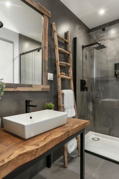 15 Tips for Designing an Industrial Bathroom – Everyday Inspo Industrial Boho Bathroom, Industrial Interior Design Bathroom, Soft Industrial Bathroom, Bathroom Ideas Black Fixtures, Industrial Style Shower Room, Industrial Chic Bathroom, Industrial Bathroom With Bathtub, Exposed Plumbing Bathroom, Vintage Industrial Furniture Bathroom