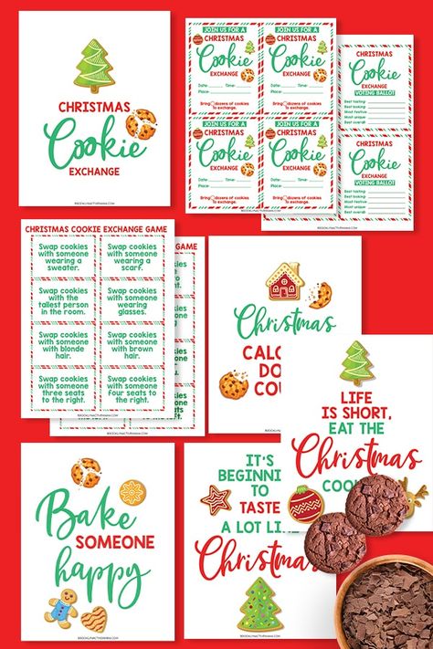 Planning a fun cookie exchange this season? Here is a Free printable Cookie Exchange kit with invitations, games and decor for the event. Christmas Cookie Exchange Party Ideas Free Printables, Cookie Swap Party Games, Cookie Exchange Party Decorations, Cookie Party Invitation, Cookie Exchange Party Invitations, Cookie Exchange Games, Cookie Swap Party Ideas, Cookie Exchange Packaging, Christmas Cookie Contest