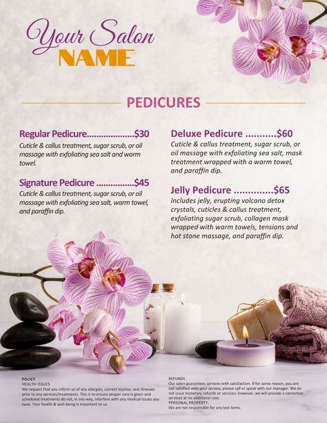 Spa Menu Ideas, Nail Salon Price List, Nail Salon Prices, Salon Names Ideas, Jelly Pedicure, Sell Printables, Home Productivity, Salon Price List, Spa Menu