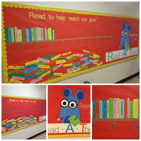 Read-a-thon Bulletin board. As money is earned, books are put on the shelf. Reading Tracking Bulletin Board, Read A Thon Fundraiser Bulletin Boards, Ar Bulletin Board Ideas Accelerated Reader, Reading Competition Bulletin Boards, Reading Tracker Bulletin Board, Reading Challenge Bulletin Board, Book Shelf Bulletin Board, Reading Goal Bulletin Board, Read A Thon Fundraiser