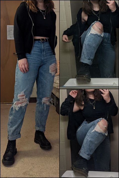 Dr martens outfit inspo outfit idea Goth Amusement Park Outfit, Subtle Alt Outfits, Goth Jeans Outfit, Mom Jeans Casual Outfit, 90s Soft Grunge Outfits, Casual Alt Outfits, Curvy Grunge Outfits, Black Jeans Outfit Aesthetic, Simple Edgy Outfits