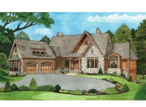 Craftsman House Plan with 4547 Square Feet and 4 Bedrooms from Dream Home Source | House Plan Code DHSW075741 Dream Cottage House, English Cottage House Plans, Country Cottage House Plans, Sloping Lot House Plan, Basement House Plans, House Exterior Ideas, European House Plans, Hillside House, Ranch Style House Plans