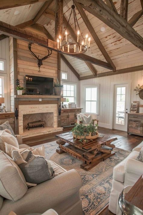 Ranch House Living Room, Coastal Ranch, Southern Living Rooms, Living Room Redesign, Barn House Interior, Vaulted Ceiling Living Room, Ranch House Decor, Retirement House, Barn Style House Plans