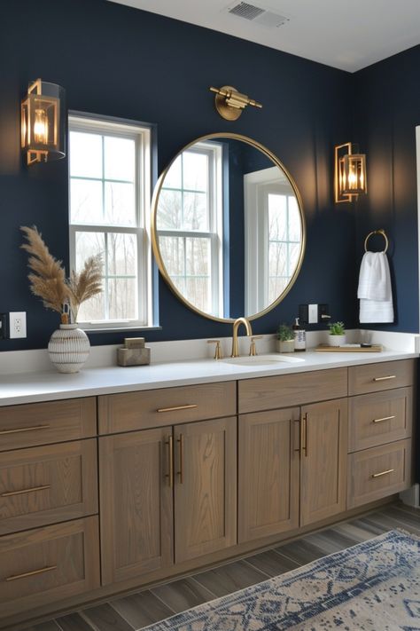 Modern bathrooms showcase sleek lines, contemporary fixtures, and a monochrome palette. Click to see more. Master Bath Dark Walls, Guest Bathroom Ideas Transitional, Benjamin Moore Hale Navy Bathroom, Blue Countertops Bathroom, Mens Bathroom Color Schemes, Grey And Navy Bathroom Ideas, Retro Powder Room Ideas, Bathroom Blue Accents, Slate Blue Bathroom Ideas