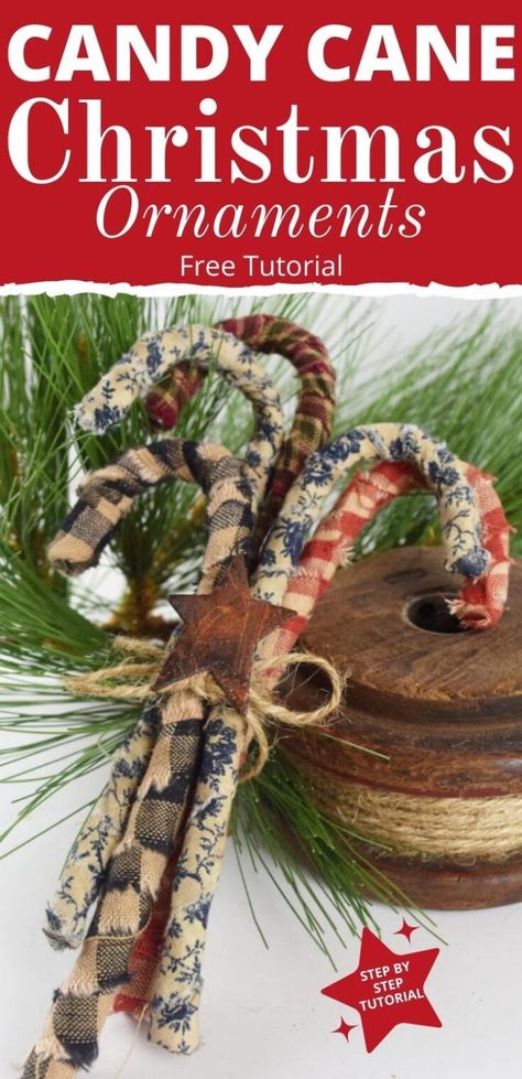 Diy Christmas Ornaments Rustic Country, Primitive Christmas Tree Ornaments Diy, Rustic Christmas Diy Crafts, Rustic Candy Canes Diy, Homemade Christmas Tree Ornament, Christmas Makes Handmade Gifts, Christmas Crafts For Selling, Rustic Crafts To Sell, Rustic Farmhouse Christmas Tree Ornaments