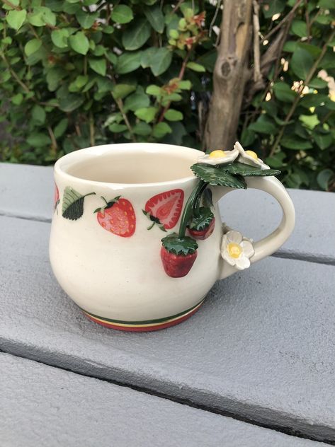 Porcelain Wheel-thrown Strawberry Mug Pottery Strawberry Mug, Mug Wheel Thrown, Pretty Mugs Ceramic, Unique Thrown Pottery, Hand Made Ceramic Mug, Cute Mug Handles, Pottery Painting Cups Design, Strawberry Mug Pottery, Wheel Clay Ideas