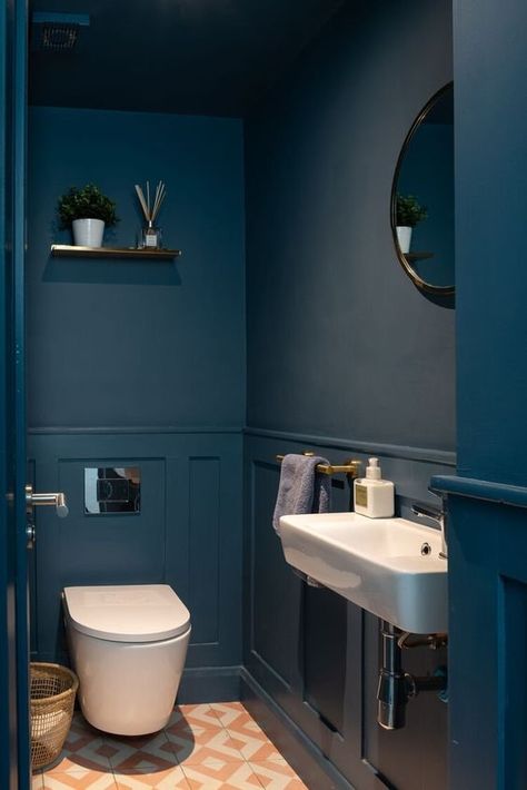 Dark Blue Cloakroom, Powder Room Colorful, Toilet Boxing In Ideas, Downstairs Toilet Ideas Blue, Dark Teal Powder Room, Navy Toilet Room, Blue Downstairs Toilet Ideas, Dark Blue Small Bathroom, Small Loo Ideas