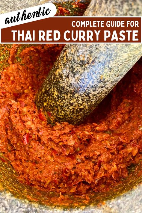 Close-up of Thai red curry paste in a granite mortar with pestle. Thai Curry Recipes Vegetarian, Thai Red Curry Paste Recipe, Red Curry Paste Recipe, Curry Paste Recipe, Thai Red Curry Recipe, Thai Red Curry Paste, Thai Curry Recipes, Curry Recipes Vegetarian, Red Curry Sauce