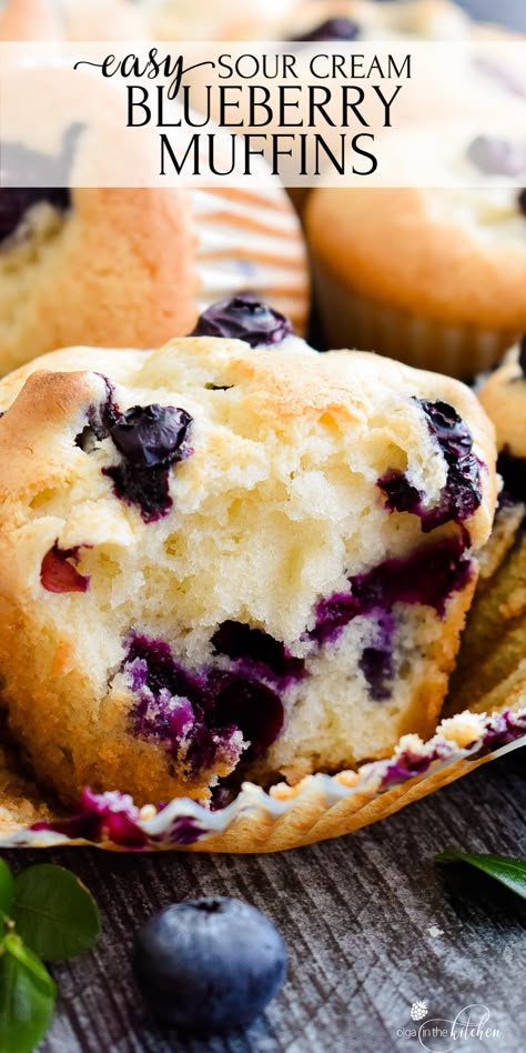 These Sour Cream Blueberry Muffins are bursting with sweet and fresh blueberry flavor. They are soft and perfectly moist on the inside with perfectly golden brown top. #muffins #blueberrymuffins #breakfast #recipes #olgainthekitchen #breakfastmuffintinrecipes Sour Cream Blueberry Muffins, Sour Cream Muffins, Bakery Style Blueberry Muffins, Muffins Blueberry, Homemade Blueberry Muffins, Best Blueberry Muffins, Berry Muffins, Sour Cream Recipes, Blueberry Desserts