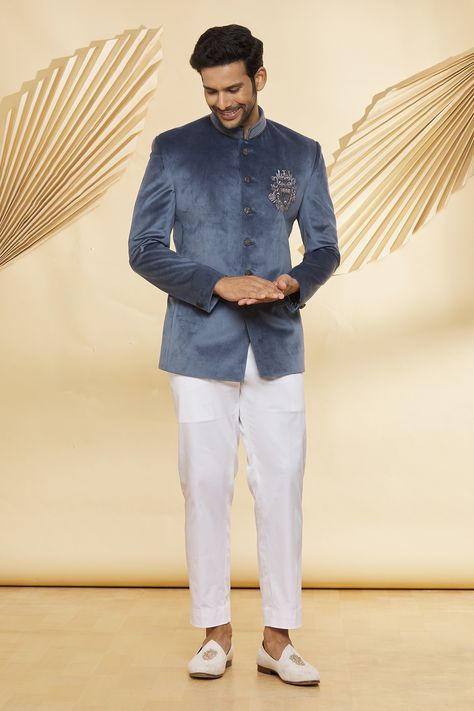 Grey jodhpuri with placement handwork motif. Comes with pant. Component: 2 Pattern: Handwork Neckline: Band Collar Sleeve Type: Full Fabric: Jodhpuri: Suede, Pant: Suiting Fabric Color: Grey Other Details:  Front shank buttons Side pocketed pant Occasion: Reception - Aza Fashions Men Reception Wear Indian, Reception Outfit For Men, Blazer For Men Wedding Reception, Cocktail Dress For Men, Sadi Dress, Jodhpuri Suits For Men Wedding, Mens Dresses, Wedding Clothes For Men, Suit For Men Wedding