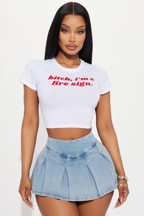 Available In White. "Bitch I'm A Fire Sign" Verbiage Crew Neck Short Sleeve Fitted 95% Cotton 5% Spandex Imported | Bitch I'm A Fire Sign Tee Shirt in White size XL by Fashion Nova Uncle Waffles, Glam Closet, Yodit Yemane, Female Outfits, Beautiful Photoshoot Ideas, Fashion Nova Outfits, Service Women, Beautiful Photoshoot, Fire Signs