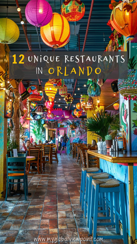 A vibrant and colorful interior of one of the unique restaurants in Orlando, showcasing eclectic lanterns and decor that create a fun and inviting atmosphere for diners, one of the coolest restaurants in Orlando. Where To Eat In Orlando Florida, Orlando Hidden Gems, Best Places To Eat In Orlando Fl, Places To Eat In Florida, Orlando Restaurants Top 10, Shopping In Orlando Florida, Places To Eat In Orlando Florida, Best Restaurants In Orlando Florida, Orlando Things To Do