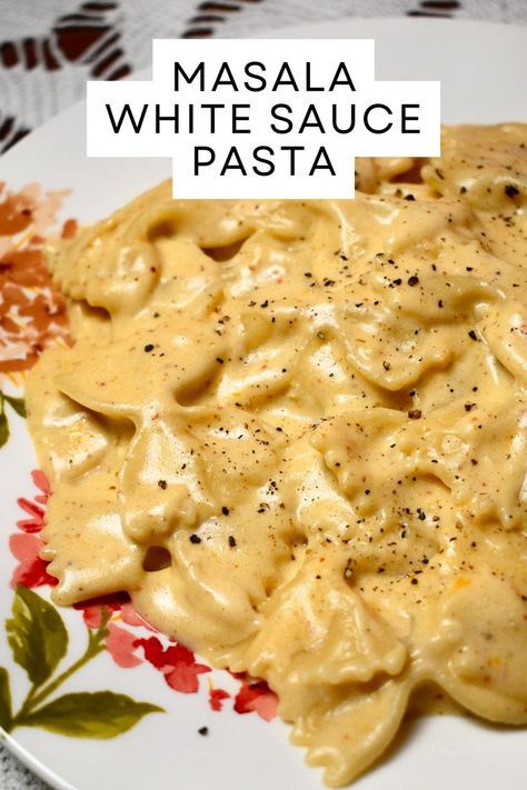 Creamy Masala White Sauce Pasta Recipe | Indian-Style Farfalle Pasta Recipe Quick White Sauce For Pasta, Cheesy White Sauce Pasta, Spicy White Sauce Pasta, Easy White Sauce Pasta, How To Make White Sauce Pasta, White Sauce Pasta Recipes Easy, Easy White Sauce For Pasta, Pasta Recipes White Sauce, Pasta Recipes Indian Style