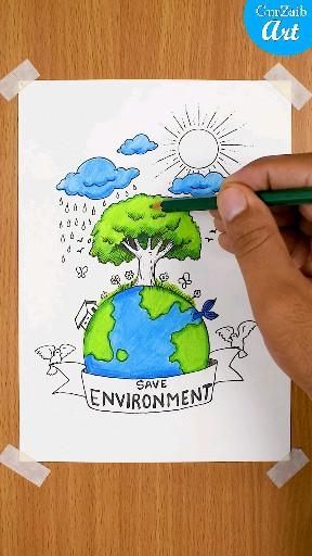 Environmental Art Posters Drawing, Environment Pencil Drawings, Poster Making On Save Trees, Nature And Environment Drawing, Clean And Green Environment Drawing, Clean Environment Drawing Poster, Drawing For World Environment Day, Green Environment Drawing, Go Green Go Clean Poster