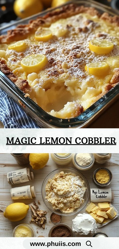 This delightful Magic Lemon Cobbler is a refreshing dessert that perfectly balances sweetness and tartness, making it an ideal treat for any occasion. With its golden, buttery top layer and a luscious lemon filling that magically forms while baking, this dessert is sure to impress your family and friends. Lemon Cobbler Recipes, Magic Lemon Cobbler, Lemon Cobbler, Monster Brownies, Creepy Cookies, Layered Desserts, Lemon Filling, Refreshing Desserts, Cobbler Recipes