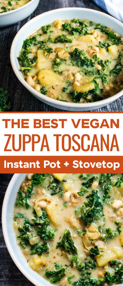 Kale Soup Instant Pot Recipes, Olive Garden Zuppa Toscana Soup Vegan, Zupa Toscana Soup Vegan, Zuppa Toscana Vegetarian, Tuscan Soup Vegan, Zuppa Toscana Vegan, Vegan Soup With Kale, Vegan Olive Garden Soup, Plant Based Soups Instant Pot