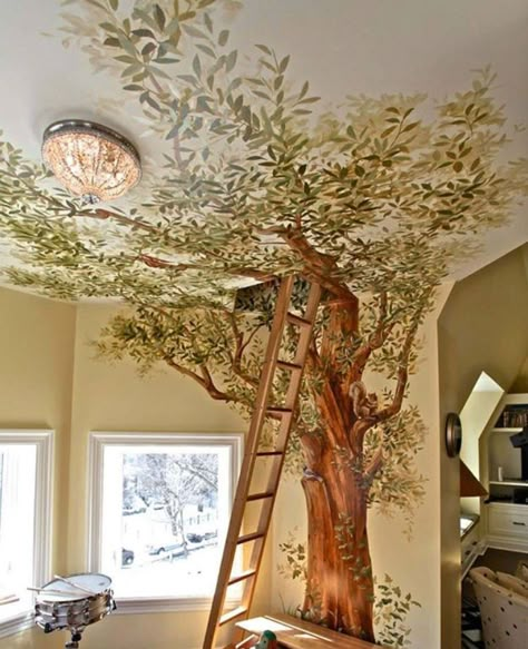 Tree Canopy Ceiling Mural, Nature Mural Bedroom, Mural Wall Art Forest, Tree Ceiling Design, Fantasy Wardrobe Furniture, Farmhouse Wall Murals Painted, Cottage Core Wall Mural, Forest Wall Painting Ideas, Fantasy Mural Ideas