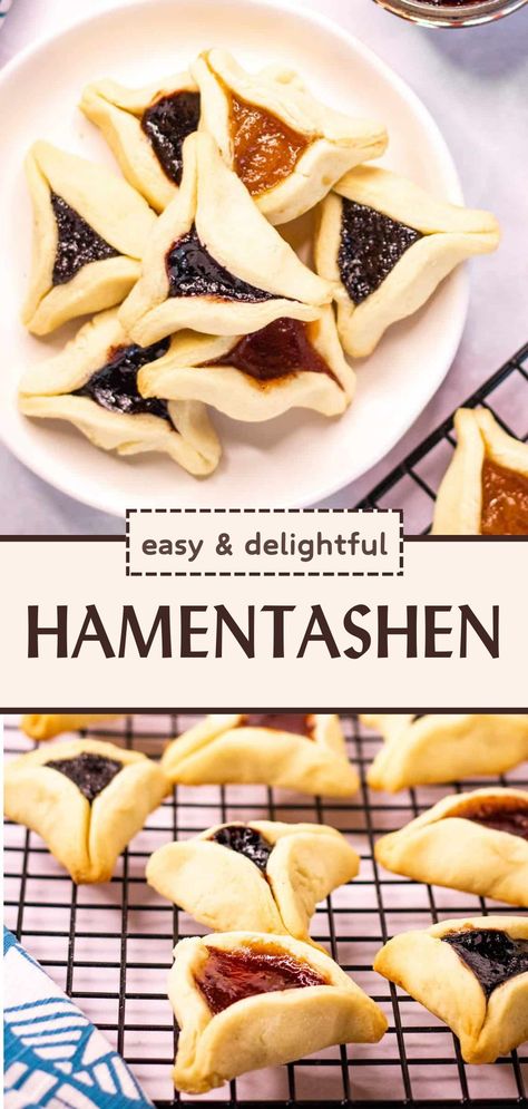 This Hamentashen recipe is delightful! The cookies are crunchy, crumbly, just sweet enough. Shaped into triangles and filled with sweet poppy seed or fruit fillings, they’re a popular treat for the Jewish holiday of Purim. I love this oil-based dough because it is very easy to handle. I feel like I’ve tried just about every hamentashen recipe out there, but this one is my all-time favorite. The dough, which uses oil instead of butter, is easy to handle and holds its shape well during baking. Easy Jewish Desserts, Jewish Recipes Desserts, Hannukah Dinner Ideas, Jewish Baked Goods, Easy Jewish Recipes, Jewish Desserts Traditional, Jewish Cookies Recipes, Gluten Free Hannukah Recipes, Purim Cookies Recipes For