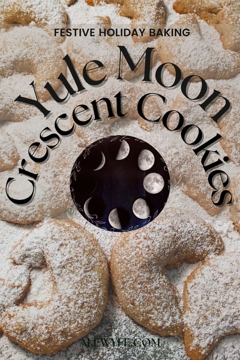 These rich, buttery Yule moon crescent cookies are a rich, nutty shortbread sprinkled with snow-white powdered sugar. They’re one of my favorite Christmas cookies, and I don’t think a holiday cookie plate is complete without them. They don’t require any rolling or chilling, and are easy and quick to shape and bake. They're simple enough for even your little helpers to shape, so definitely try these if you’re baking with kids! #holidaybaking #yule #crescentcookie #wintersolstice St Lucia Day Food, Solstice Cookies Winter, Pagan Baking Recipes, Yule Cookies Recipes, Almond Moon Cookies, Yule Moon Cookies, Moon Spell Cookies, Winter Solstice Baking, Yule Baked Goods