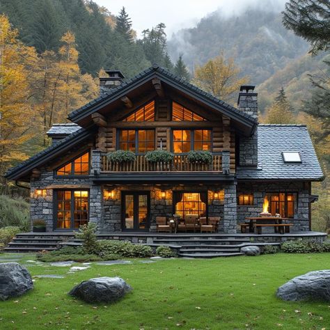 Mountain Dream Homes, Taman Air, Log Cabin Rustic, Green Mountains, Minimal House Design, House Outside Design, Forest House, Cabin Design, Design Your Dream House