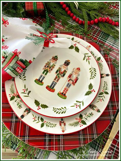 Christmas Table Settings Nutcracker, Nutcracker Tablescapes, Cowboy Centerpieces, Plaid Tablescape, Nutcracker Table, Christmas Dinner Set, Christmas Fairytale, Xmas Graphic, Christmas Dinnerware Sets