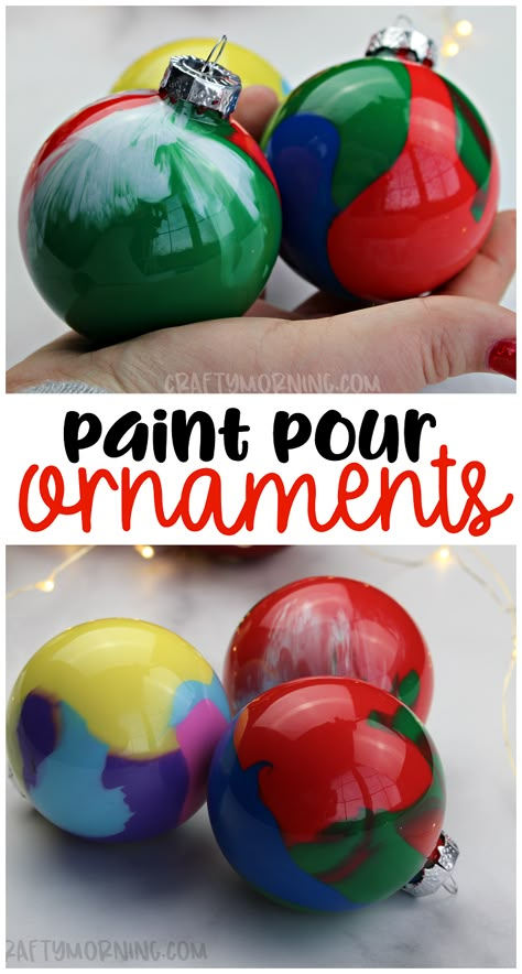 Second Grade Ornament Ideas, Christmas Gifts For Preschoolers To Make For Parents, Paint In Ornaments Diy, Parent Gifts From Kids Christmas School Ornament, Ornaments To Make At School, Kids Clear Ornament Craft, Pour Painting Christmas Ornaments, Process Art Christmas Ornaments, Diy Christmas Ornament For Kids